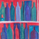 Blue and green bottles on a red background