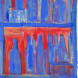 Shelf with blue bottles on a red background