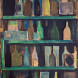 Bottles on green shelves
