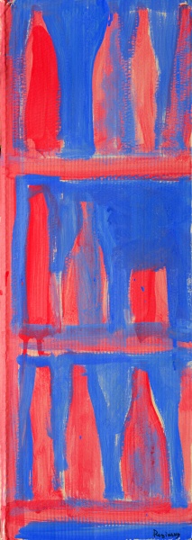 Shelf with red bottles on a blue background