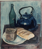 Still life with tea kettle, bottle and bread
