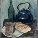 Still life with tea kettle, bottle and bread